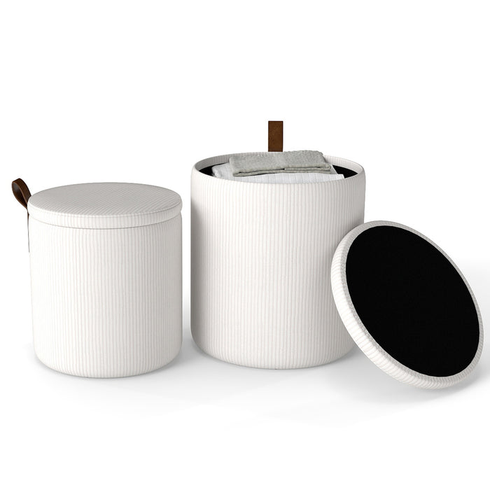 Round Ottoman with Storage Set of 2 with Removable Lids and Padded Seats-Beige