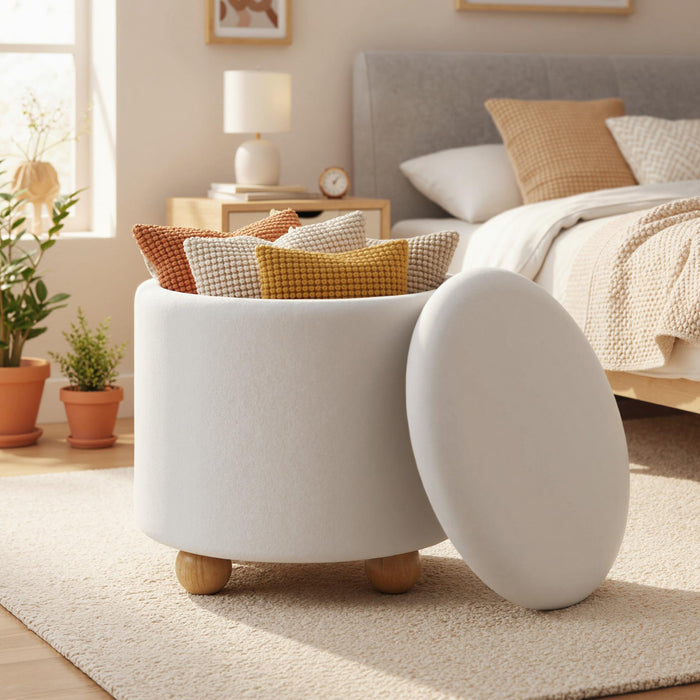 Round Storage Ottoman 45 CM Chenille Fabric Footrest Stool with Removable Lid-
