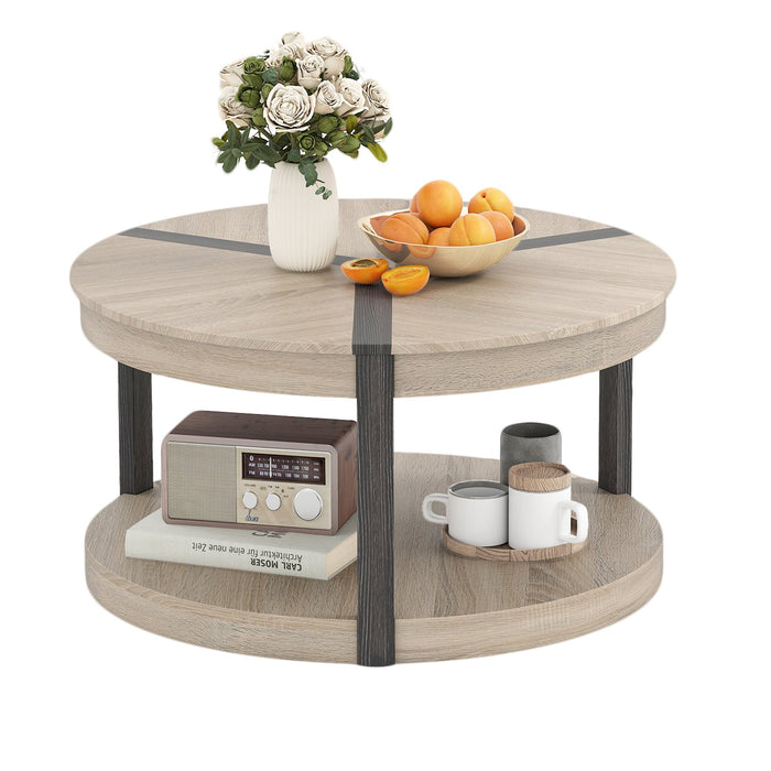 2-Tier Round Coffee Table with Storage Shelf-Oak