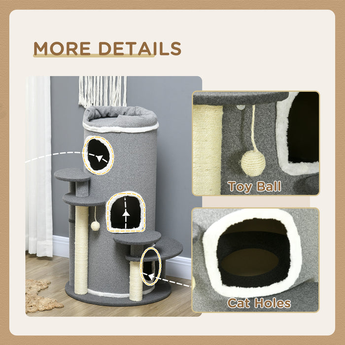 Barrel Shaped Cat Tree with Sisal Scratching Posts - Multi-Level Playground with Cat Bed & Platforms, Hanging Toy - Perfect for Scratching, Climbing, and Napping