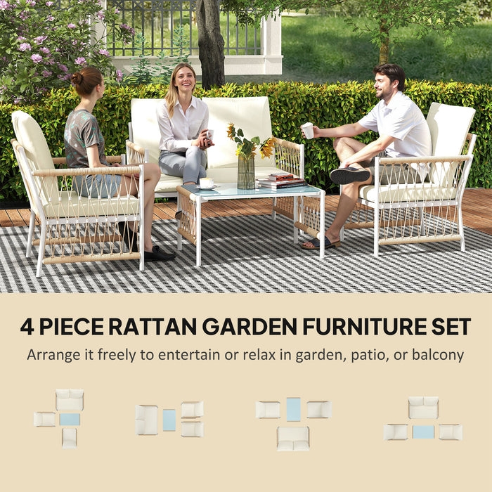 Outsunny 4 Piece Rattan Garden Furniture Set, 4 Seater Wicker Patio Conversation Set with 2 Armchairs, Loveseat, Glass Top Coffee Table and Cushions for Outdoor, Balcony, Khaki