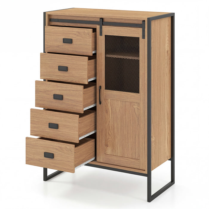 Rustic Storage Organizer with Sliding Door 5 Drawers and Adjustable Shelves for Bathroom-