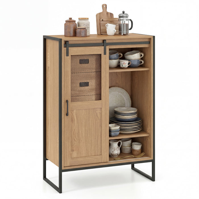 Rustic Storage Organizer with Sliding Door 5 Drawers and Adjustable Shelves for Bathroom-