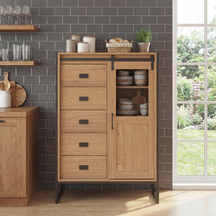 Rustic Storage Organizer with Sliding Door 5 Drawers and Adjustable Shelves for Bathroom-