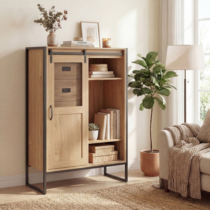 Rustic Storage Organizer with Sliding Door 5 Drawers and Adjustable Shelves for Bathroom-