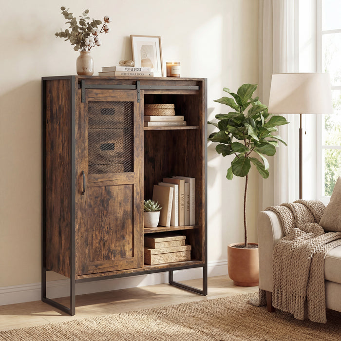 Rustic Storage Organizer with Sliding Door 5 Drawers and Adjustable Shelves for Bathroom-
