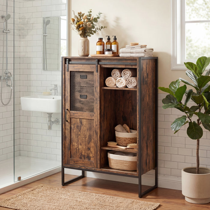 Rustic Storage Organizer with Sliding Door 5 Drawers and Adjustable Shelves for Bathroom-