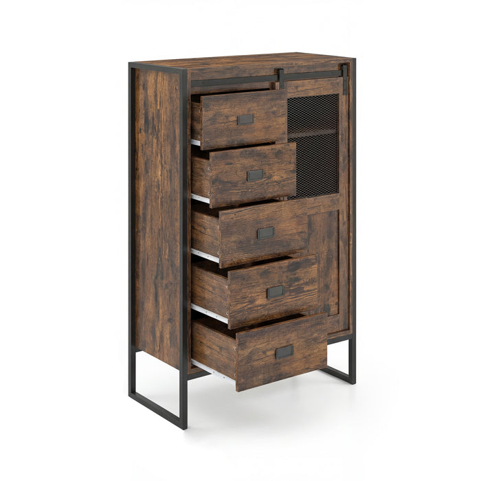 Rustic Storage Organizer with Sliding Door 5 Drawers and Adjustable Shelves for Bathroom-