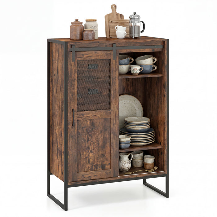 Rustic Storage Organizer with Sliding Door 5 Drawers and Adjustable Shelves for Bathroom-