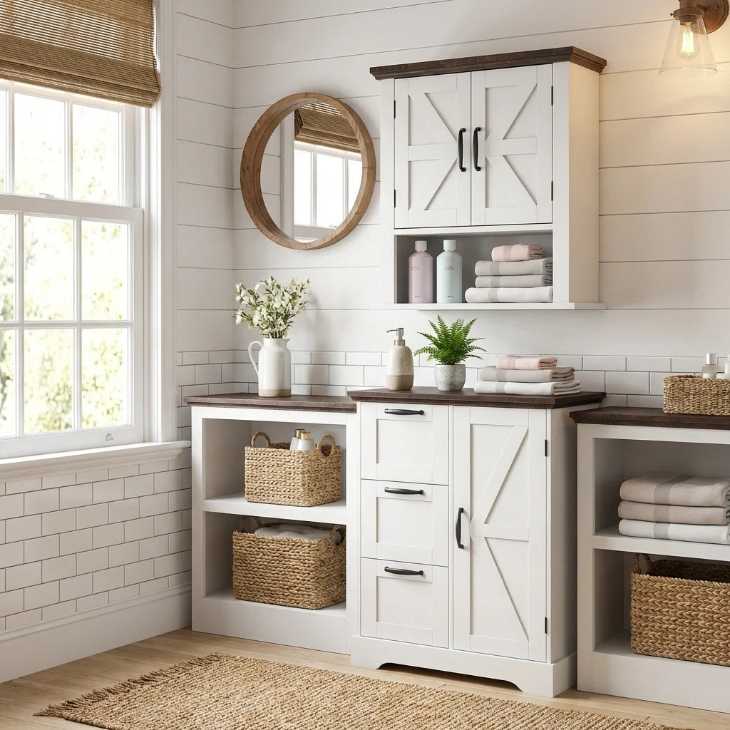 The Rustic Barn Collection - Bathroom Wall Cabinet and 3-Drawer Floor Cabinet costway
