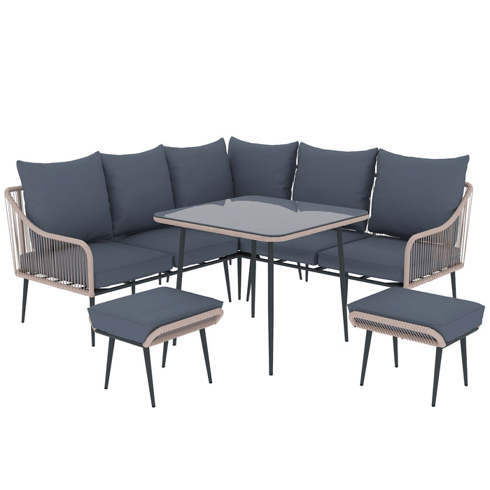 Outsunny 6 Piece Garden Furniture Set, Garden Corner Sofa Set with Thickened Cushions, Outdoor Patio Furniture Set with Glass Top Table, Footstools for Conservatory, Light Brown