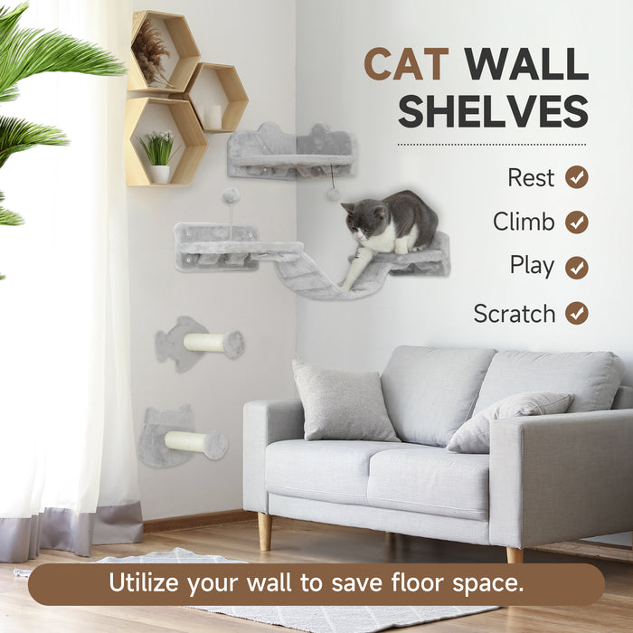 PawHut 4PCs Cat Wall Shelves with Steps, Ladder, Jumping Platforms, Light Grey | Aosom UK