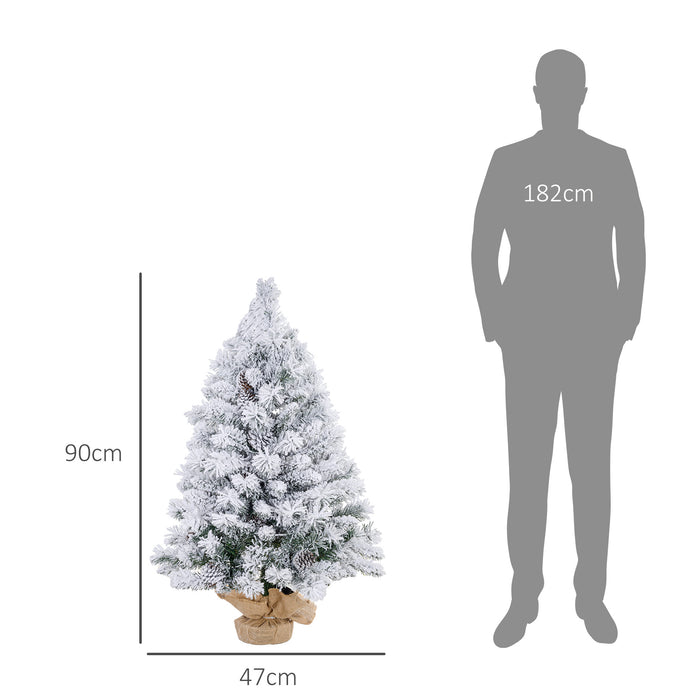 HOMCOM 3ft Prelit Artificial Christmas Tree with Warm White LED Light and 133 Tips, Concrete Base, Flocked Xmas Tree with Pine Cones, Green