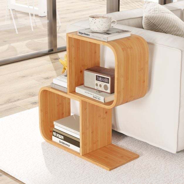 Set of 2 S-Shaped Bookcase Bamboo Bookshelf with 2 Open Cubes-4-Tier