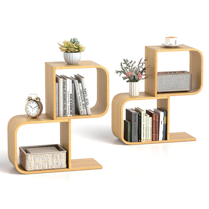 Set of 2 S-Shaped Bookcase Bamboo Bookshelf with 2 Open Cubes-4-Tier