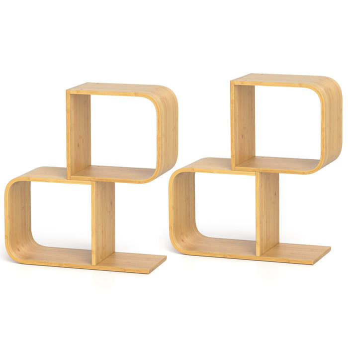 Set of 2 S-Shaped Bookcase Bamboo Bookshelf with 2 Open Cubes-4-Tier