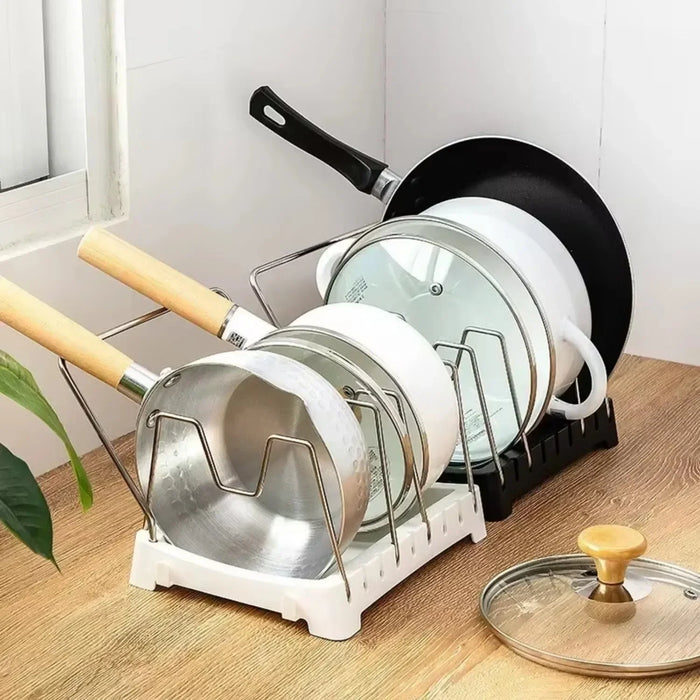 Expandable Pots & Pans Storage Rack for Cabinets — 6 Adjustable Shelves, Pot & Lid Holder