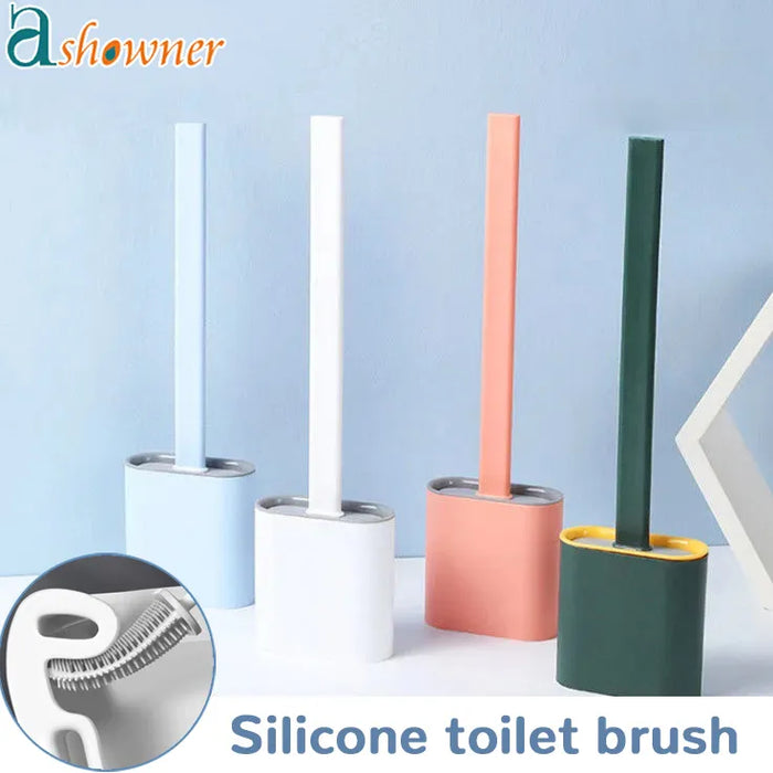 Silicone Toilet Brush WC Cleaner - Wall or Floor Holder Included - High Grade Silicone Brush