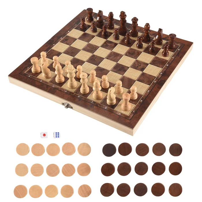 3-in-1 Wooden Board Game Set — Chess, Draughts & Backgammon, 29×29cm