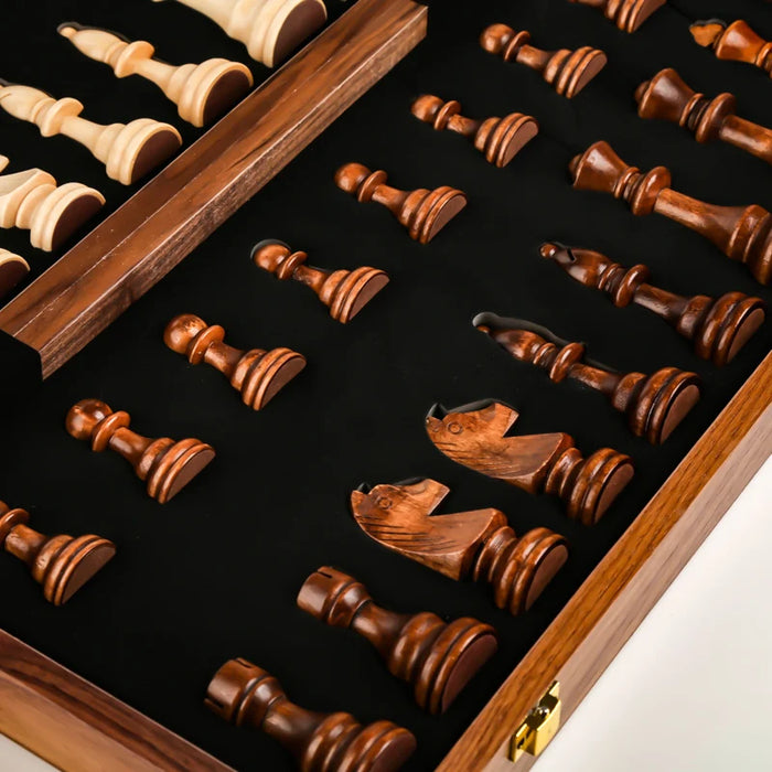 15" x 15" Folding Walnut Chess Set with Solid Wooden Pieces