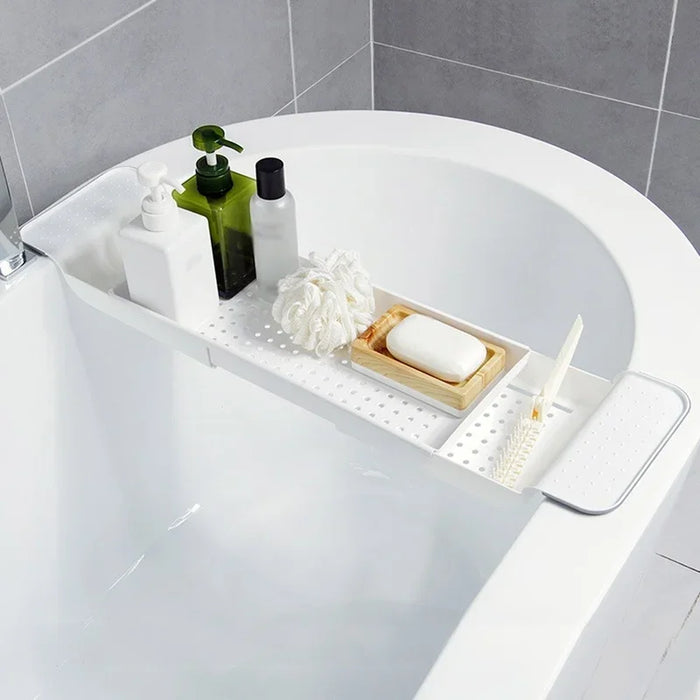 Extendable Bathtub Shelf Tray — Shower Caddy, Book & Towel Holder