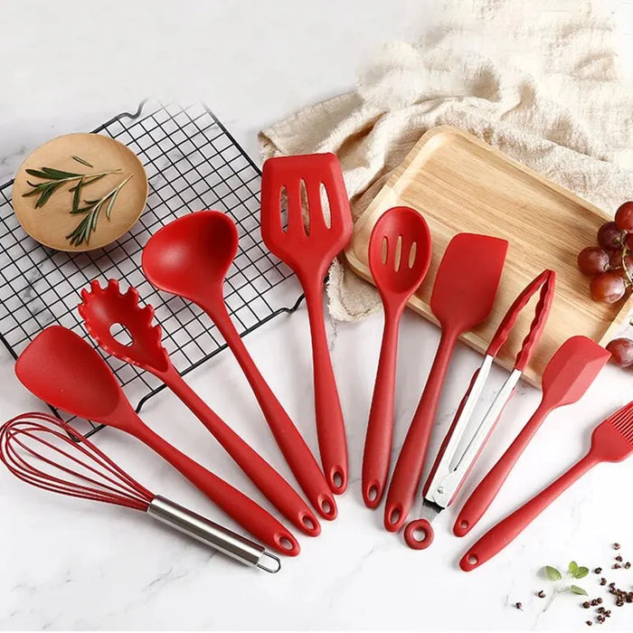 10 Piece Silicone Utensils Cookware Set with Kitchen Cooking and Baking Tools - Ideal for Home Cooks & Baking Enthusiasts