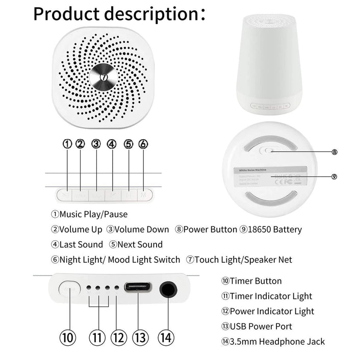 MBZ085 White Noise Machine for Babies — 28 Soothing Sounds, Colour Night Light, Rechargeable