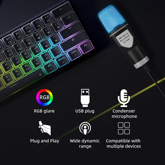 SF666R - USB RGB Condenser Microphone with Wire for Gaming and Podcasting - Perfect for Desktop PC, Laptop, Studio Streaming and Recording Services