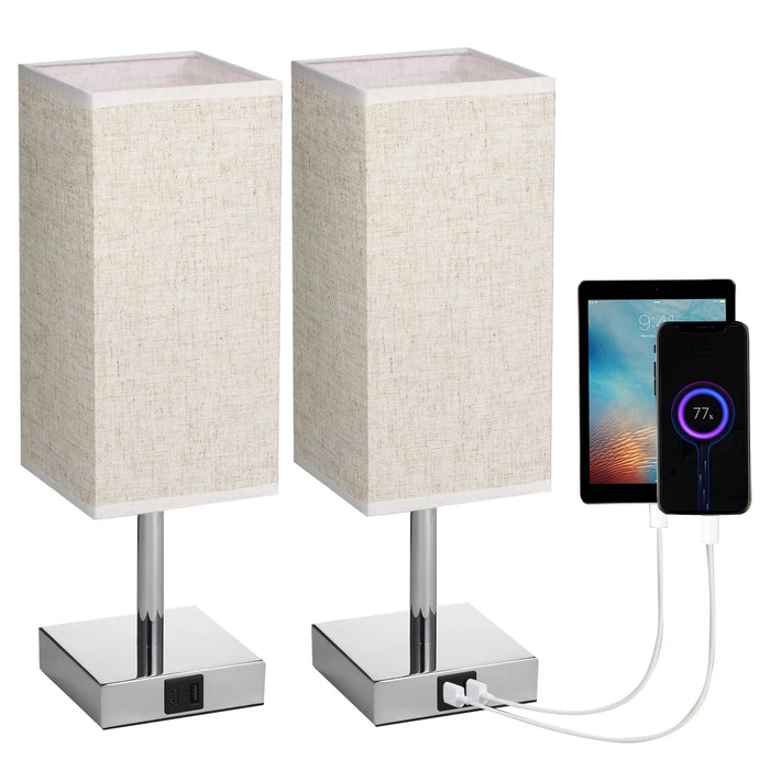 Bedside Table Lamp with Fabric Shade - Warm White LED Bulb, Touch Control, Desk Light, USB A and Type-C Charging Ports - Ideal for Nightstands, Work Desks and Study Areas - Single Lamp