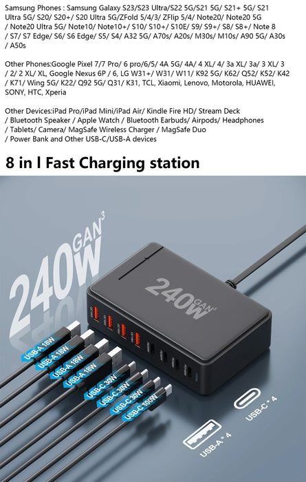 240W 6‑Port GaN PD Charger — 4 Type‑C & 2 USB‑A, Travel USB Tower for iPhone, iPad & MacBook