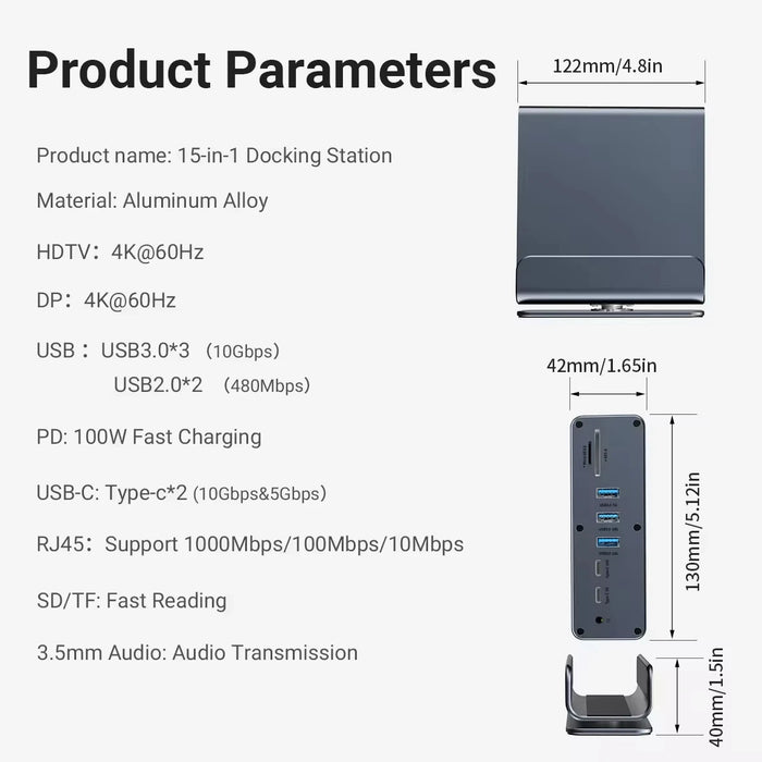 15‑in‑1 USB‑C Docking Station — Dual HDMI & DP 4K@60Hz, PD100W, Gigabit Ethernet, SD/TF, Audio