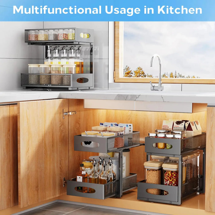 Adjustable 2-Tier Under-Sink Organiser — Metal Pull-Out Storage for Kitchen & Bathroom