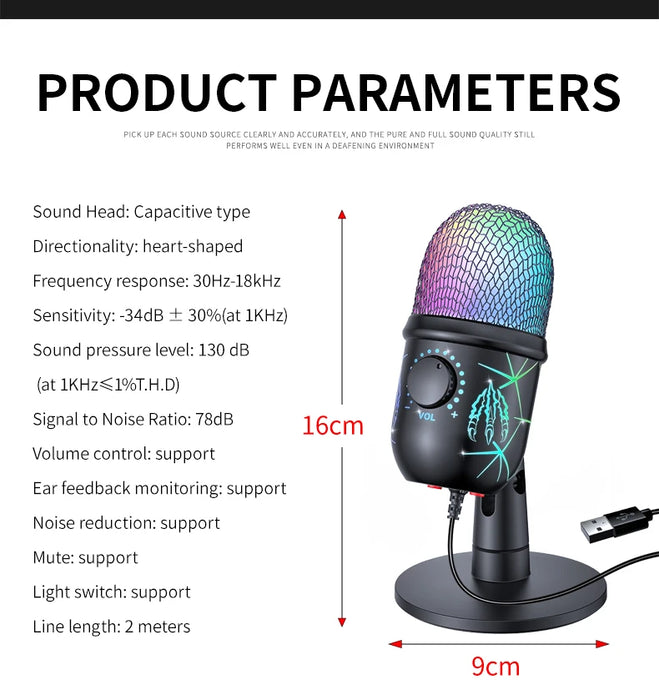 USB Gaming Condenser Microphone with Headphone Jack, LED & Noise Reduction