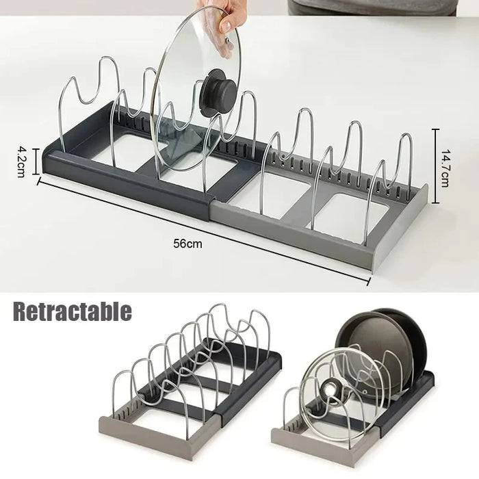 Expandable Stainless-Steel Pot & Pan Rack with 7 Dividers – Pull-Out Cabinet & Countertop Organiser