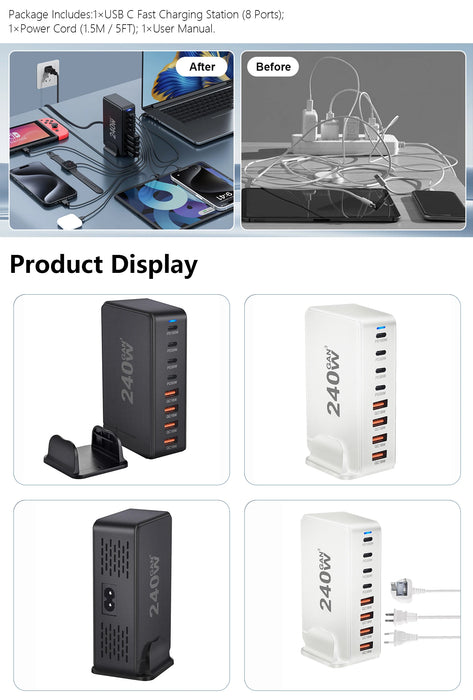 240W 6‑Port GaN PD Charger — 4 Type‑C & 2 USB‑A, Travel USB Tower for iPhone, iPad & MacBook
