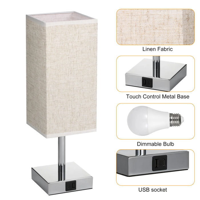 Bedside Table Lamp with Fabric Shade - Warm White LED Bulb, Touch Control, Desk Light, USB A and Type-C Charging Ports - Ideal for Nightstands, Work Desks and Study Areas - Single Lamp
