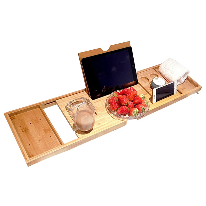 Bamboo Bathtub Caddy Tray – Extendable Spa Tray with Book, Wine and Tablet Holder