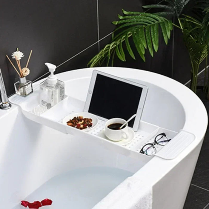 Extendable Bathtub Tray – Retractable Bath Shelf & Towel Holder (White/Black)