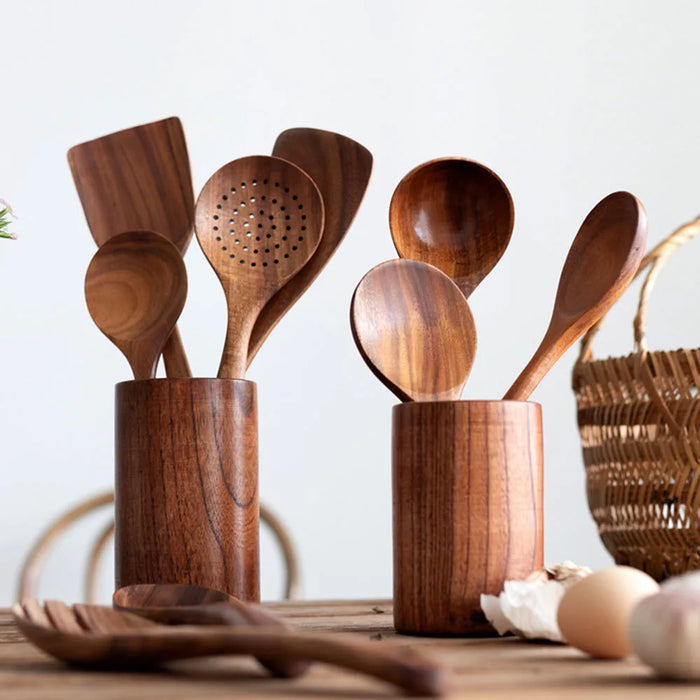 Natural Teak Wooden Kitchen Utensil Set — Modern, Eco-Friendly