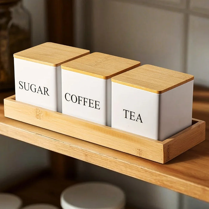 Set of 3 Metal Canisters with Bamboo Lids – 500ml Coffee, Tea & Sugar (Black or White)