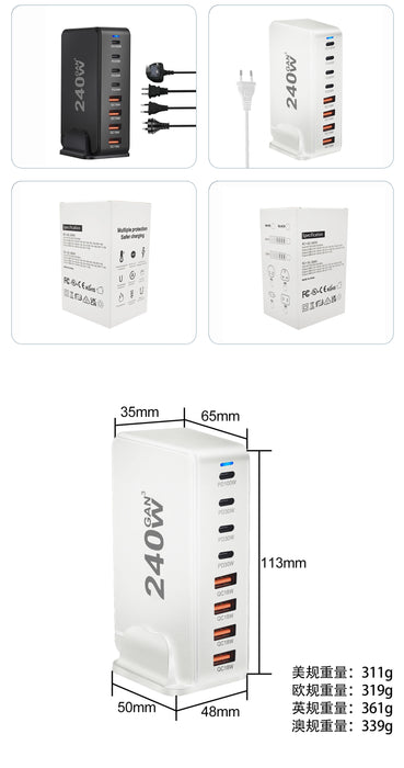 240W 6‑Port GaN PD Charger — 4 Type‑C & 2 USB‑A, Travel USB Tower for iPhone, iPad & MacBook