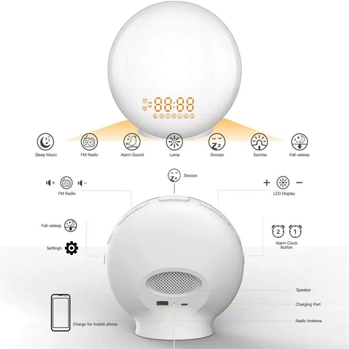 Wake Up Light Alarm Clock with Sunrise & Sunset, Dual Alarms, FM Radio, 7 Colours