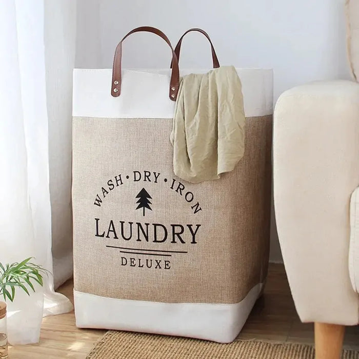 Large Cotton Folding Laundry Basket – Fabric Storage Bin (Off-White)
