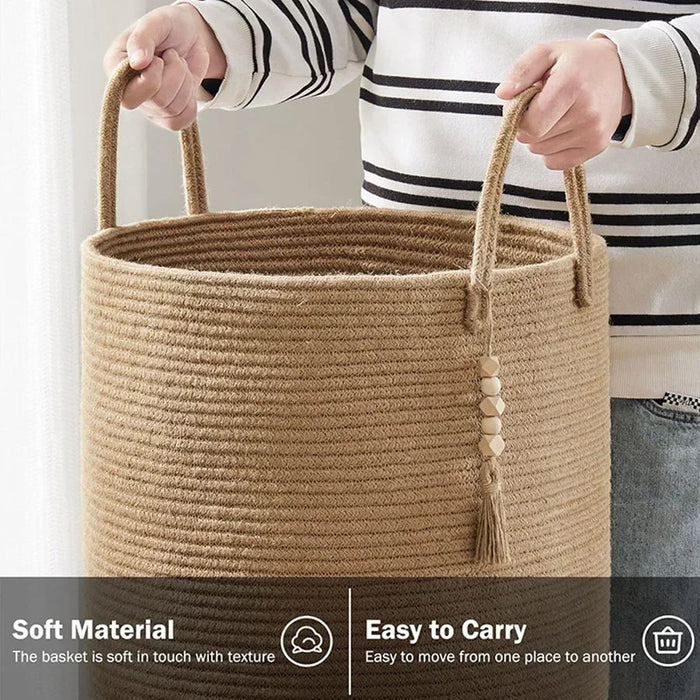 Large Tall Woven Storage Basket – Foldable Cotton Rope Laundry Hamper