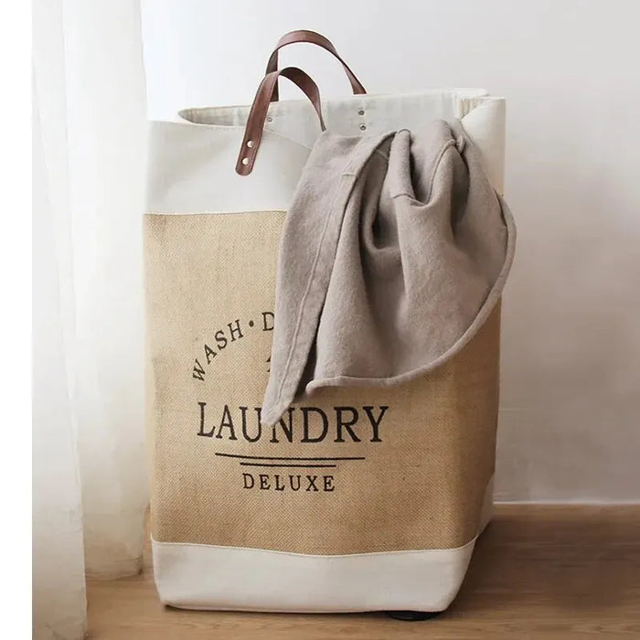 Large Cotton Folding Laundry Basket – Fabric Storage Bin (Off-White)