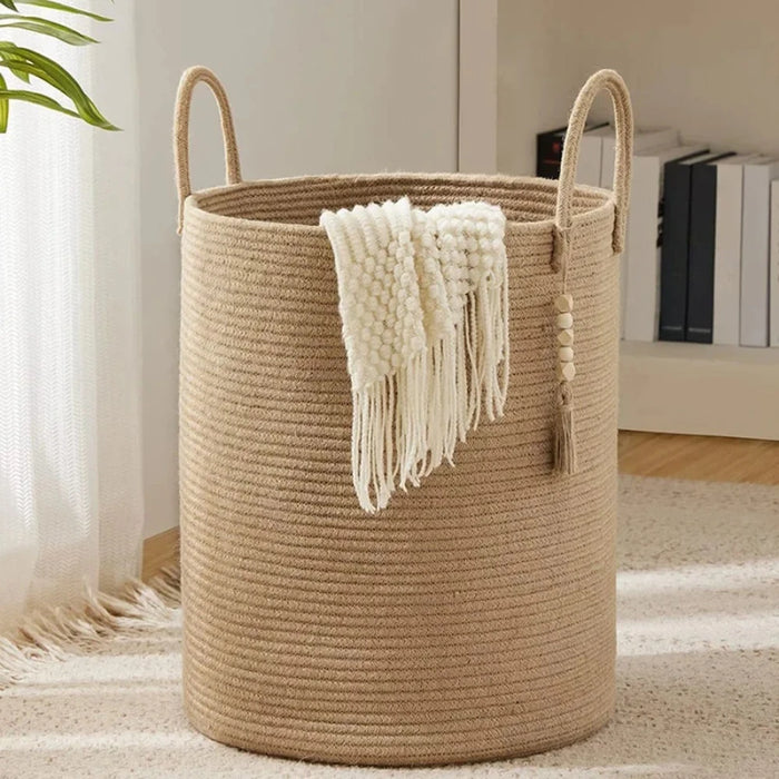 Large Tall Woven Storage Basket – Foldable Cotton Rope Laundry Hamper