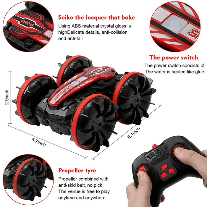 RC Multi Terrain Stunt Car - Amphibious Vehicle with Double-Sided Flip, Drifting & Radio Control Options - AmazeFun Ideal Outdoor Toy for Boys and Perfect Children's Gift