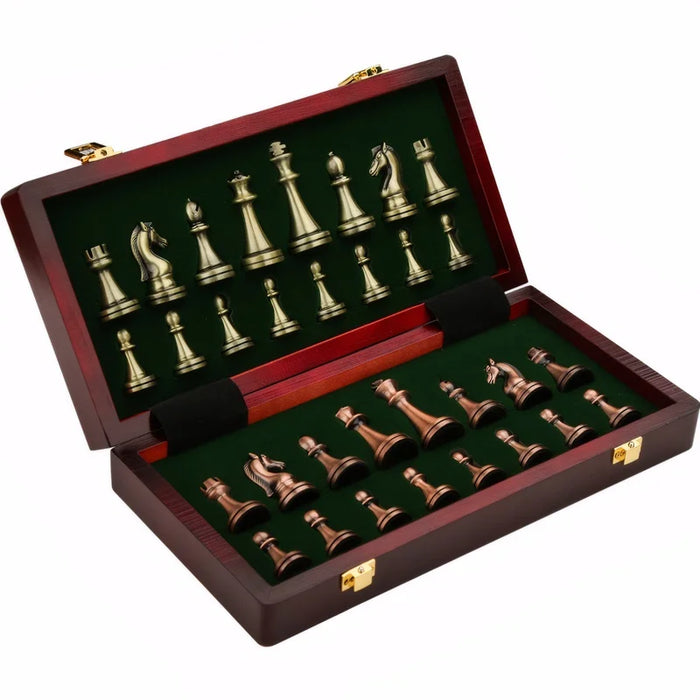 High-end 30cm Antique Bronze Chess Set — Foldable Solid Wood Box & Weighted Alloy Pieces