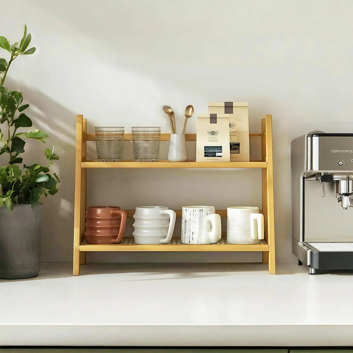 2-Tier Wicker-Look Coffee Station Organizer — Bamboo-Style Mug Holder for Countertop