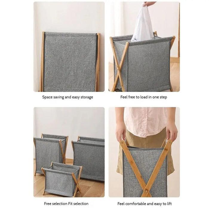 Foldable Laundry Basket with Bamboo Frame — Cotton‑Linen Hamper 40×30×38cm